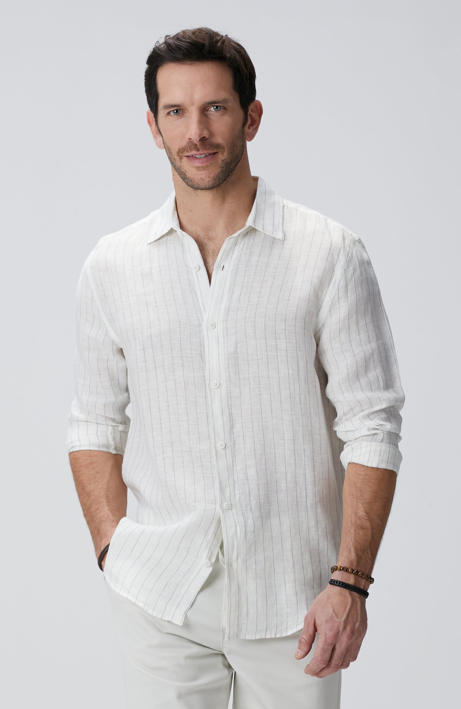 MEN'S White Stripe Pattern Linen Shirt