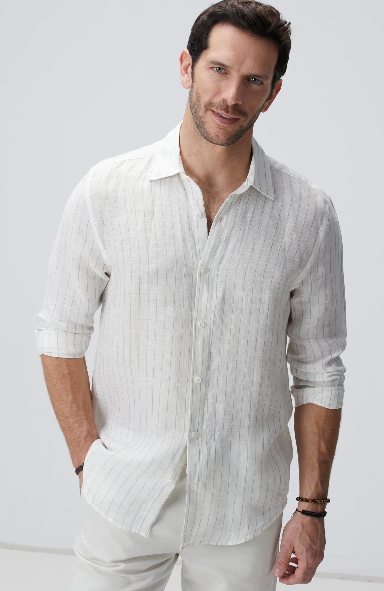 MEN'S White Stripe Pattern Linen Shirt