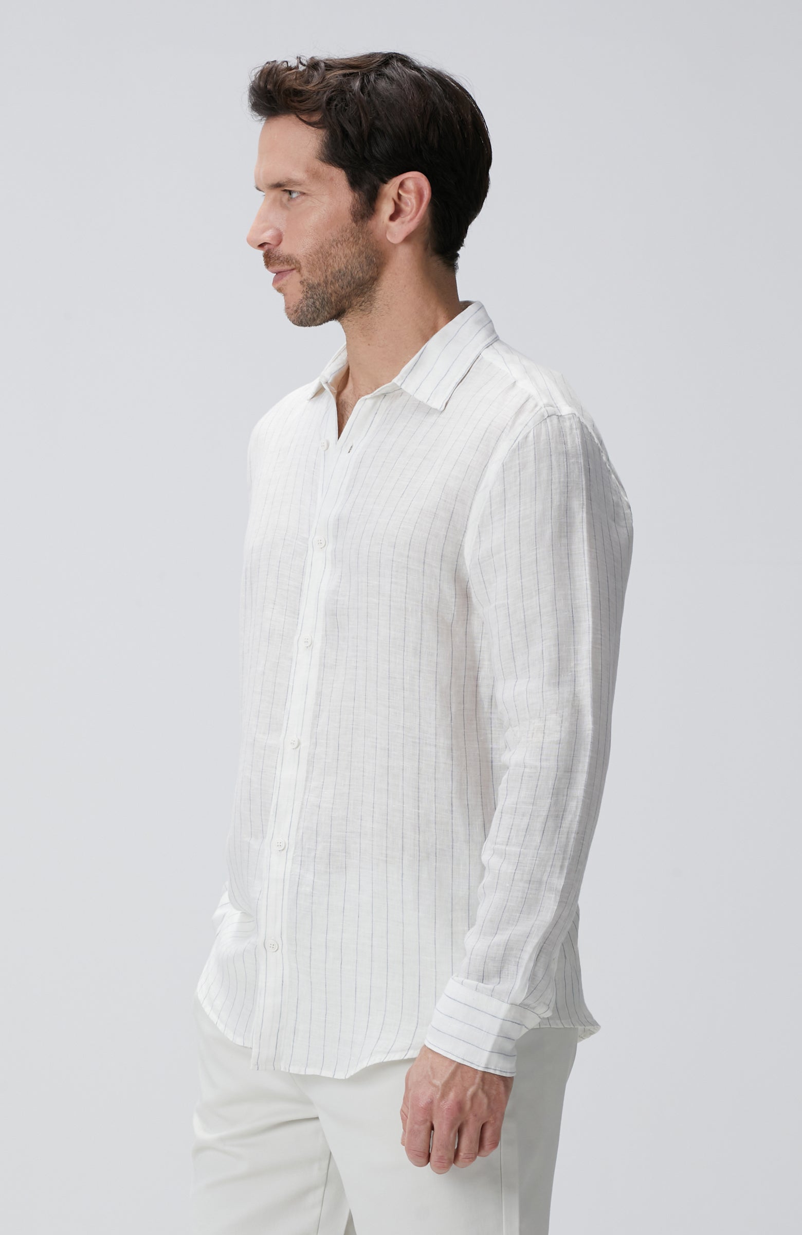 MEN'S White Stripe Pattern Linen Shirt