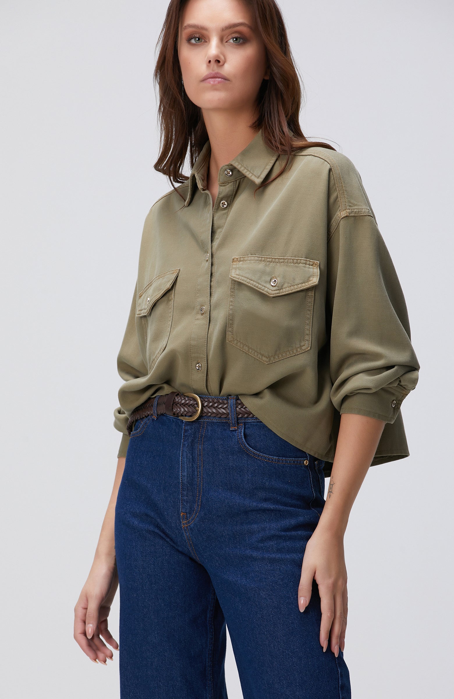 WOMEN'S Khaki Tencel Blend Denim Shirt