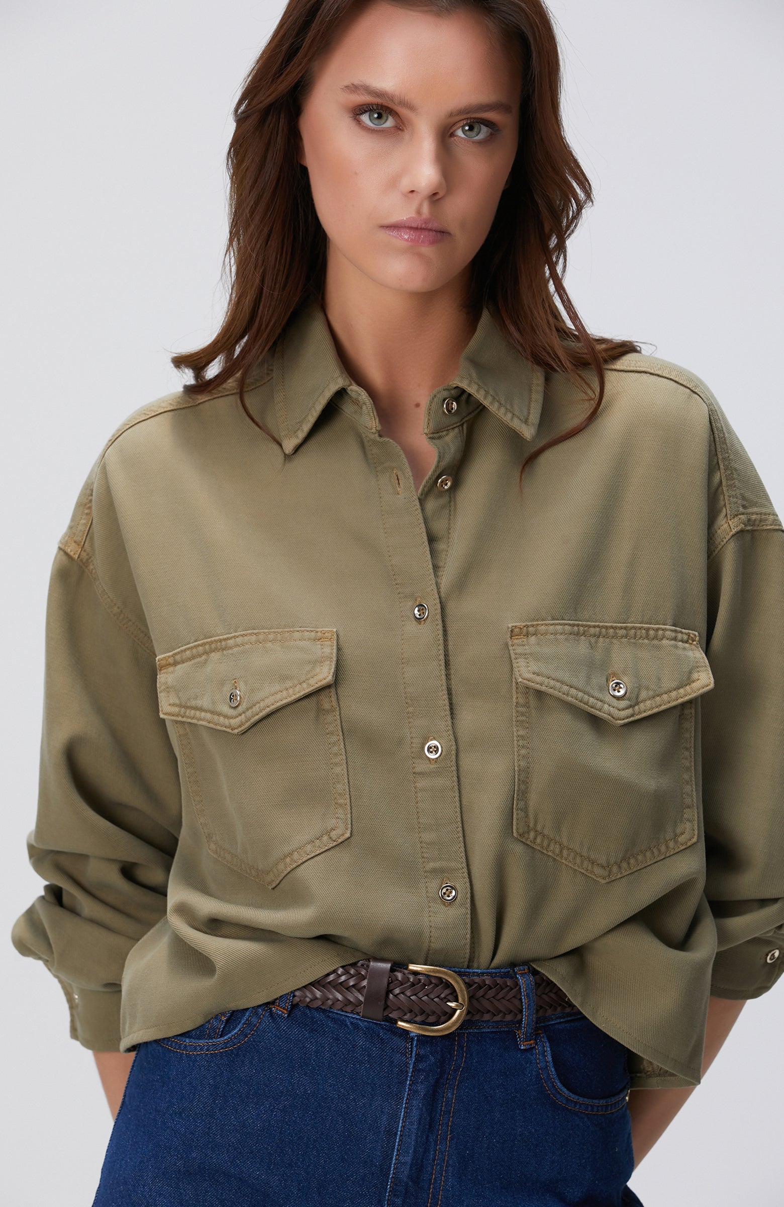 WOMEN'S Khaki Tencel Blend Denim Shirt