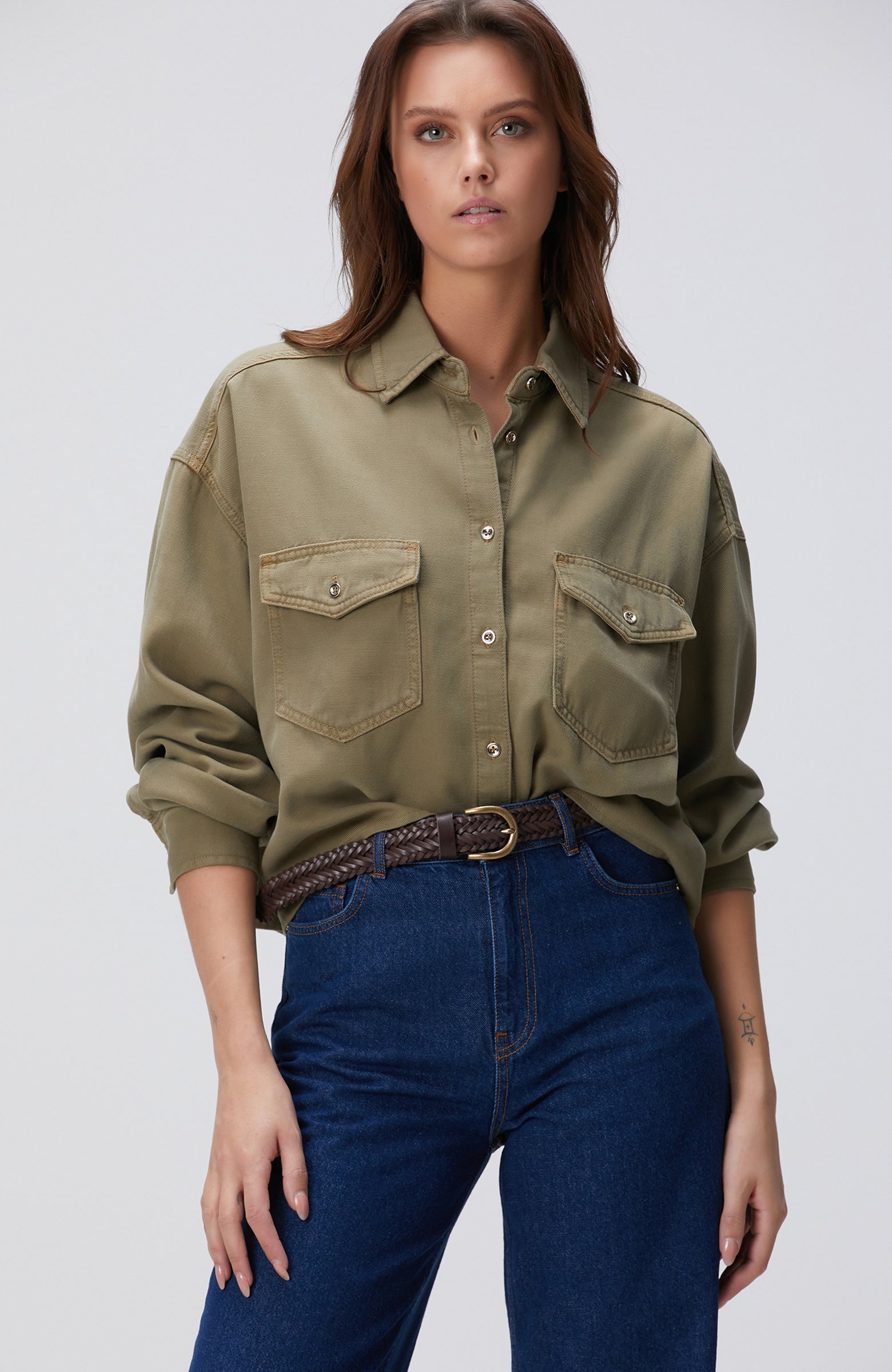 WOMEN'S Khaki Tencel Blend Denim Shirt