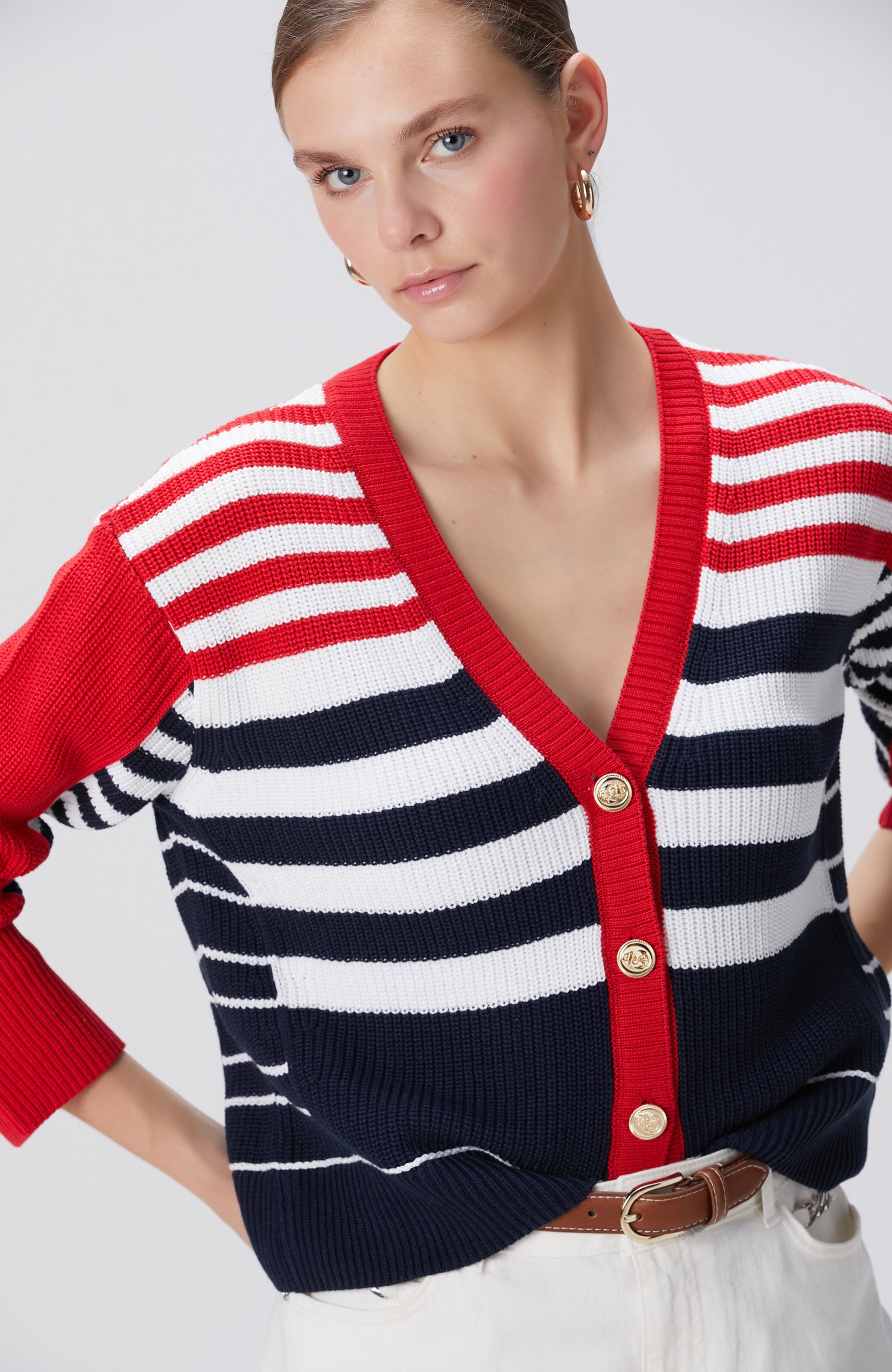 WOMEN'S Navy Blue White Red Cardigan