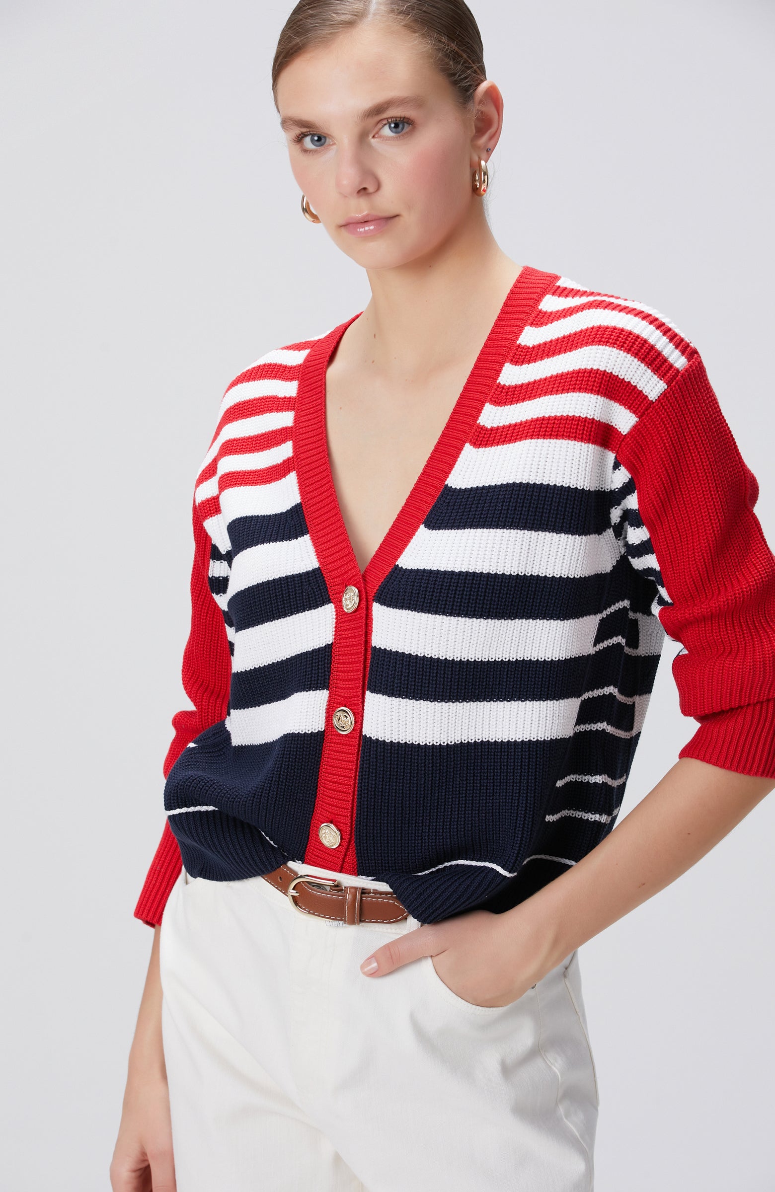 WOMEN'S Navy Blue White Red Cardigan