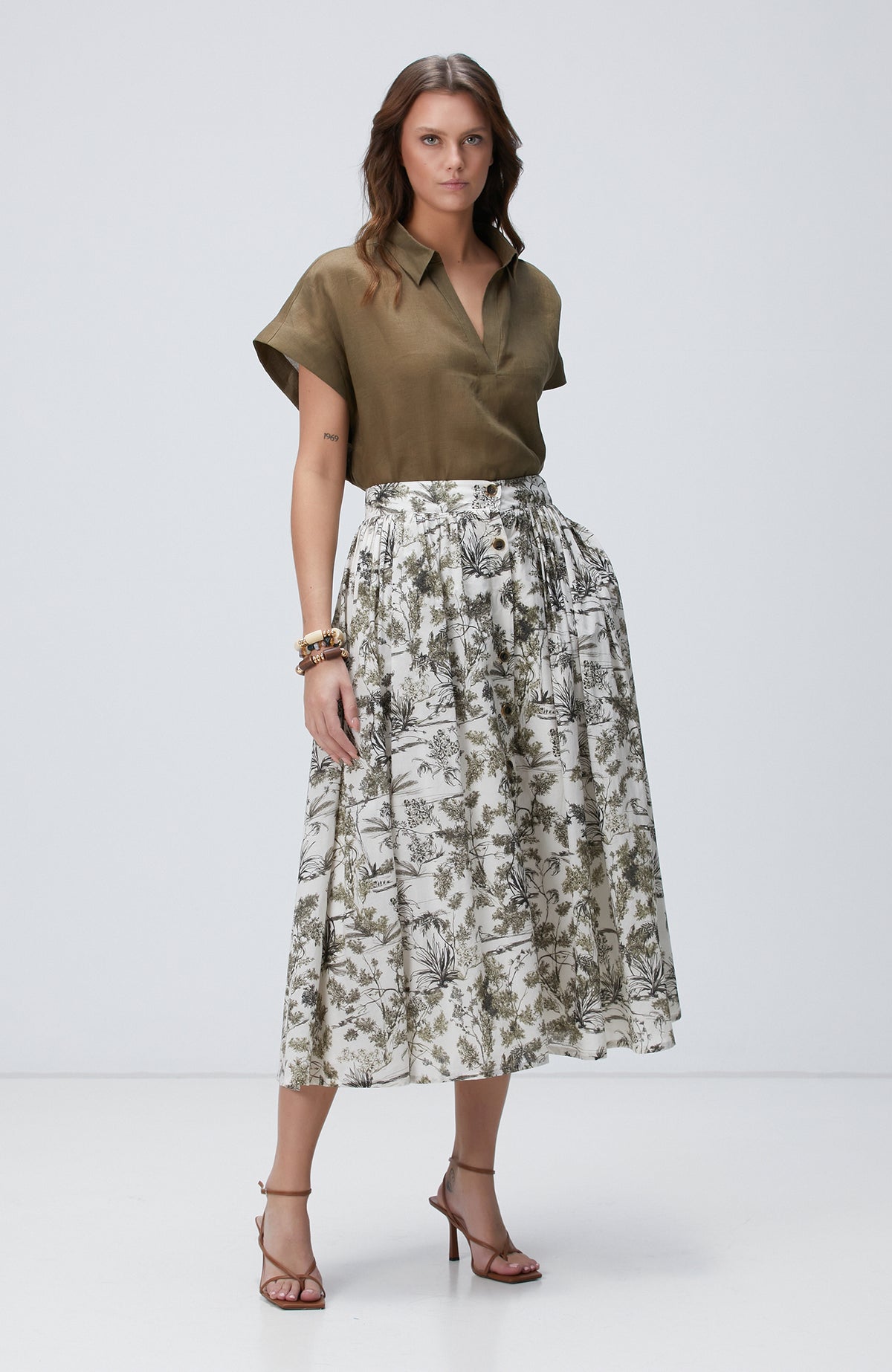 WOMEN'S Khaki Patterned Midi Skirt