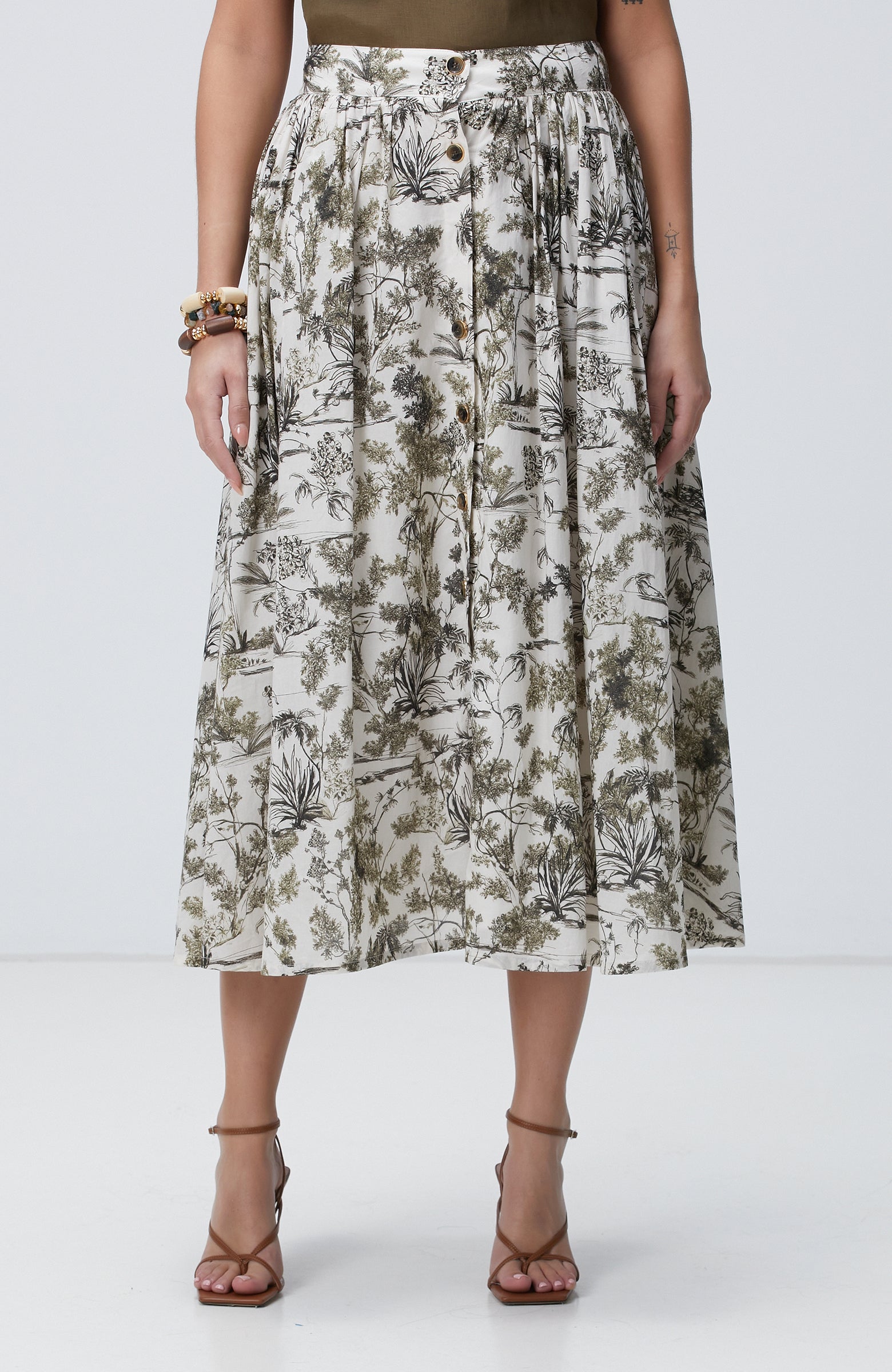 WOMEN'S Khaki Patterned Midi Skirt