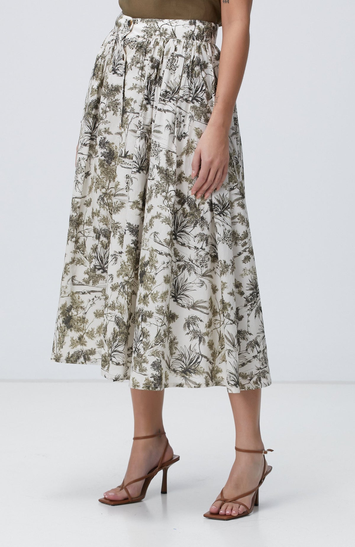 WOMEN'S Khaki Patterned Midi Skirt
