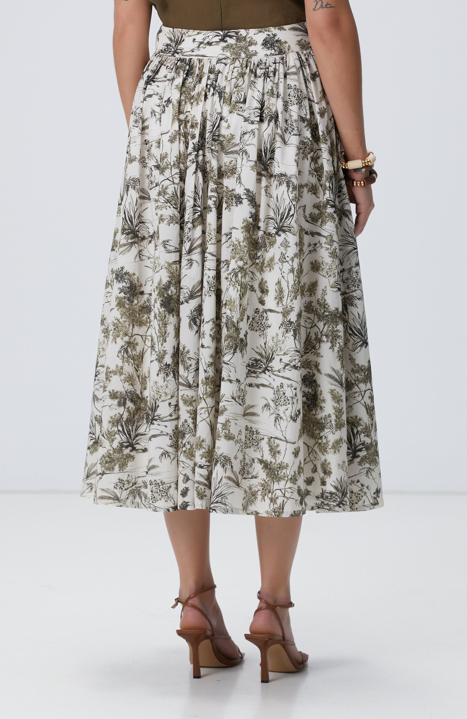 WOMEN'S Khaki Patterned Midi Skirt