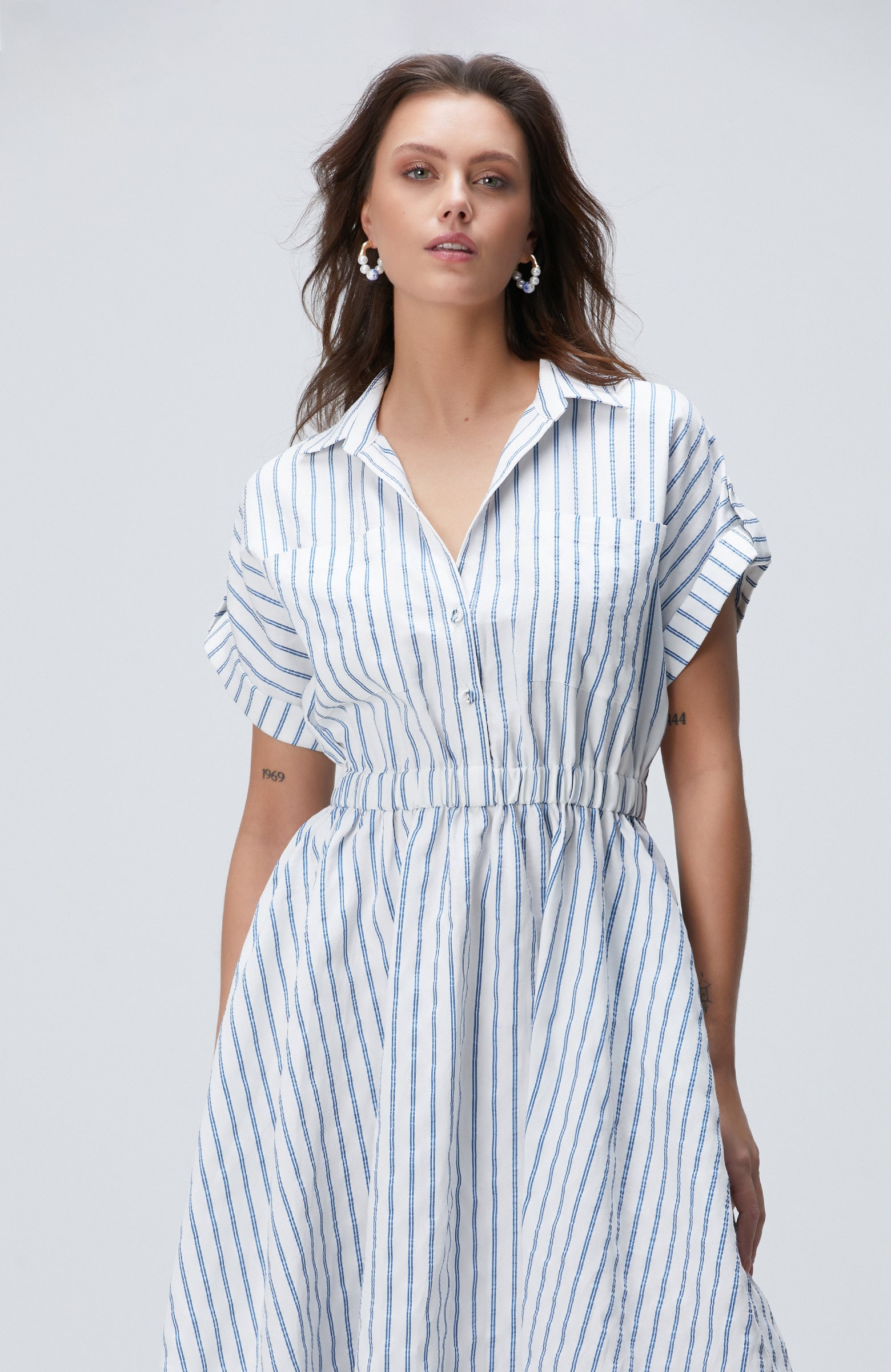 WOMEN'S Blue White Striped Midi Dress