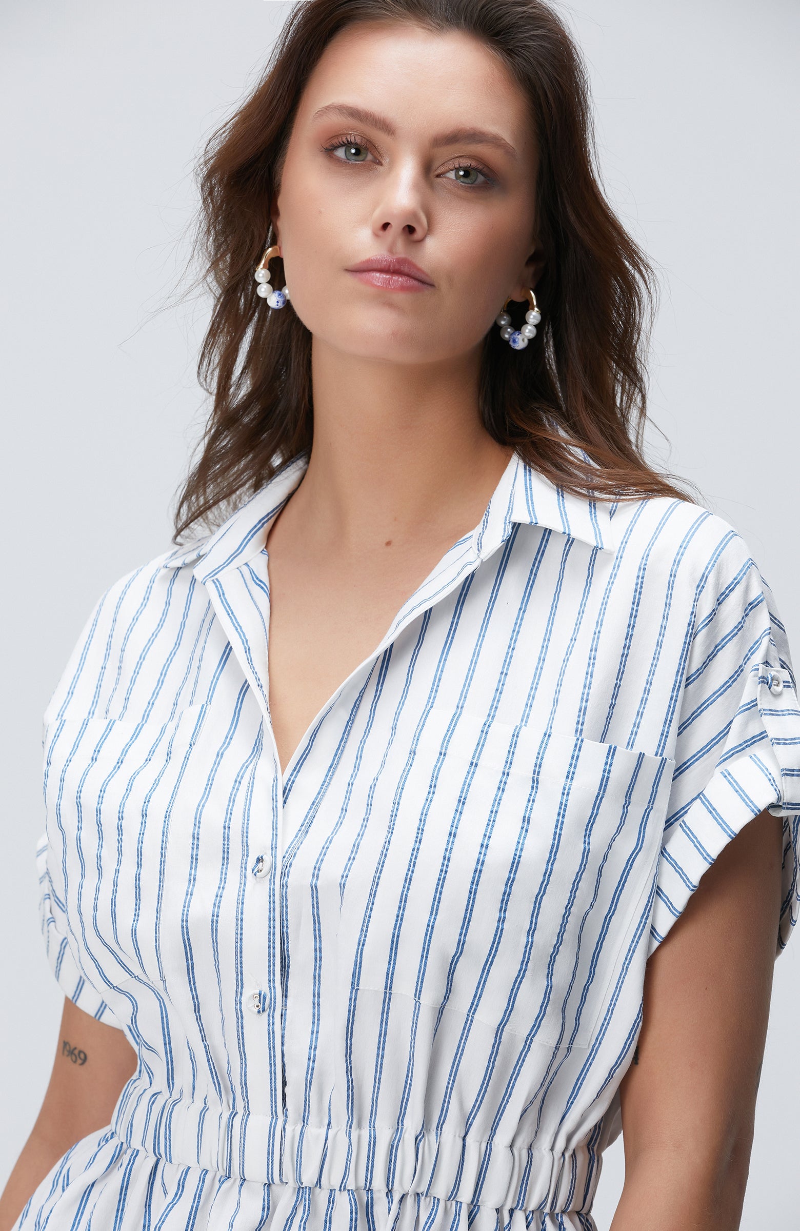WOMEN'S Blue White Striped Midi Dress