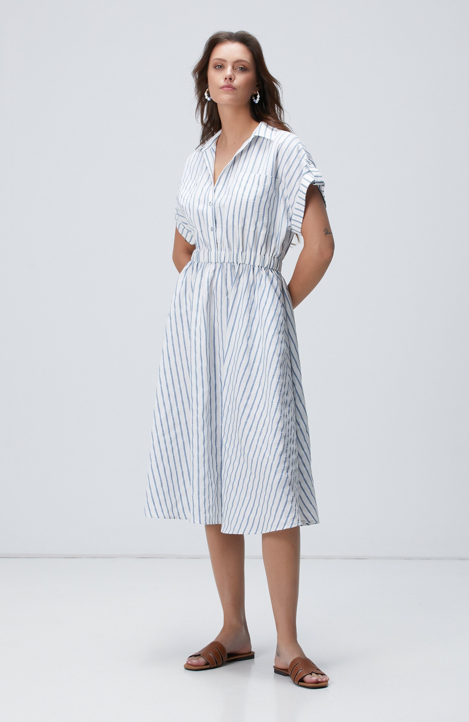 WOMEN'S Blue White Striped Midi Dress
