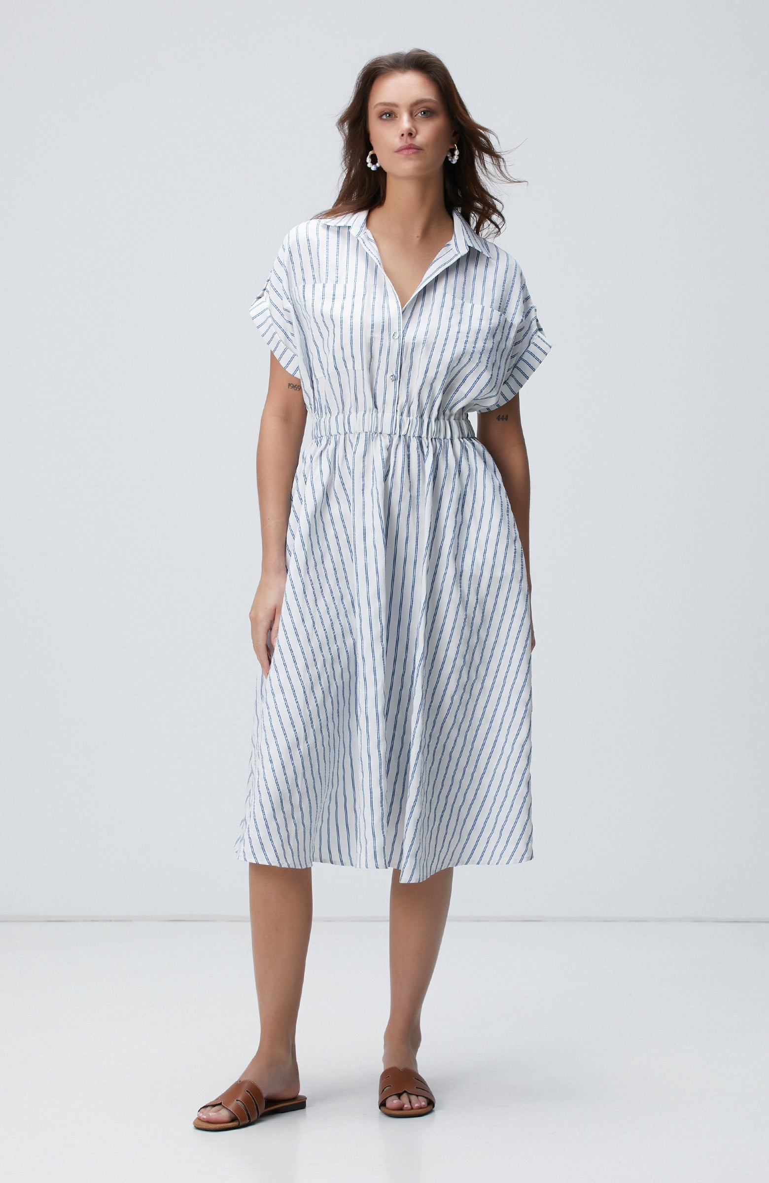 WOMEN'S Blue White Striped Midi Dress