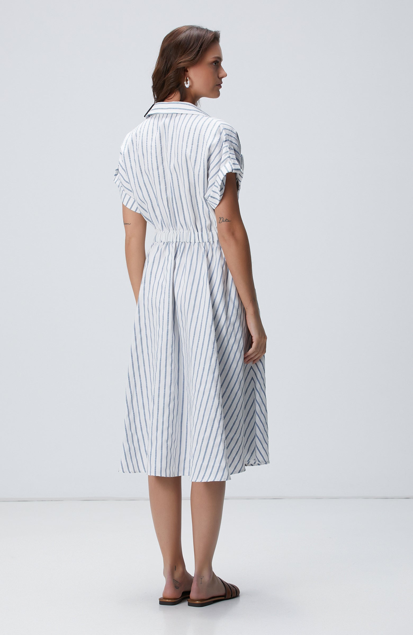 WOMEN'S Blue White Striped Midi Dress