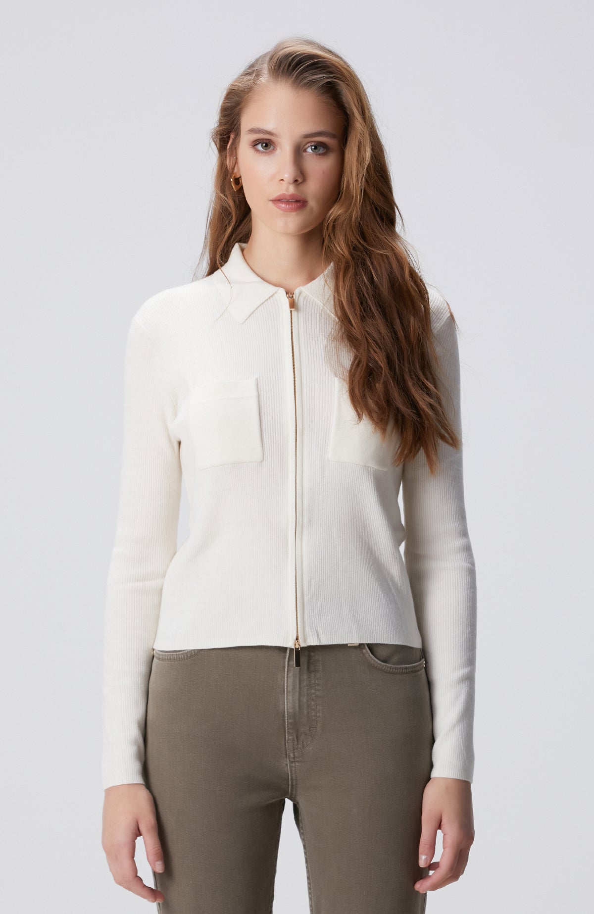 WOMEN'S Off-White Wool Blend Zippered Knit Sweater