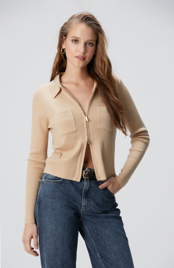 WOMEN'S Beige Wool Blend Zippered Knit Sweater