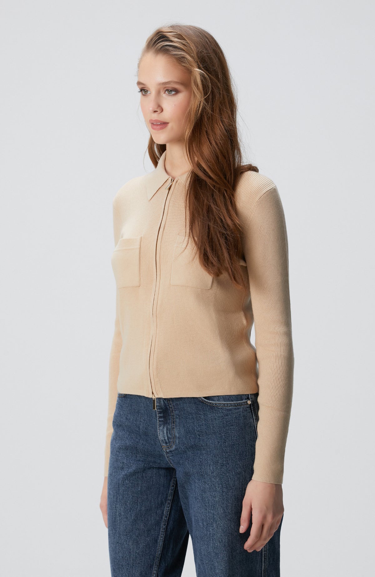 WOMEN'S Beige Wool Blend Zippered Knit Sweater