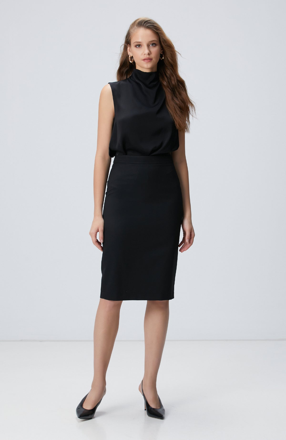 WOMEN'S Black Wool Blend Midi Skirt