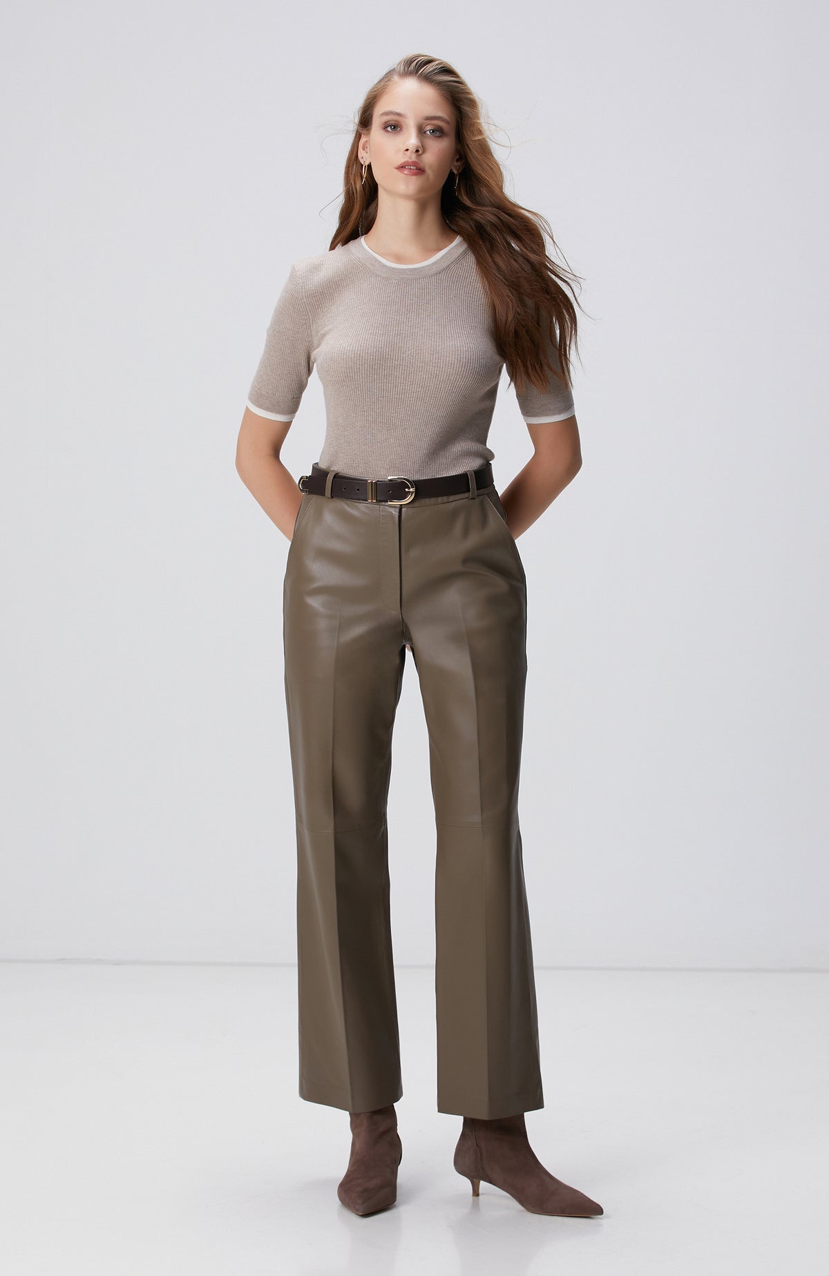 WOMEN'S Mink Melange Two-Tone Short Sleeve Knit Sweater