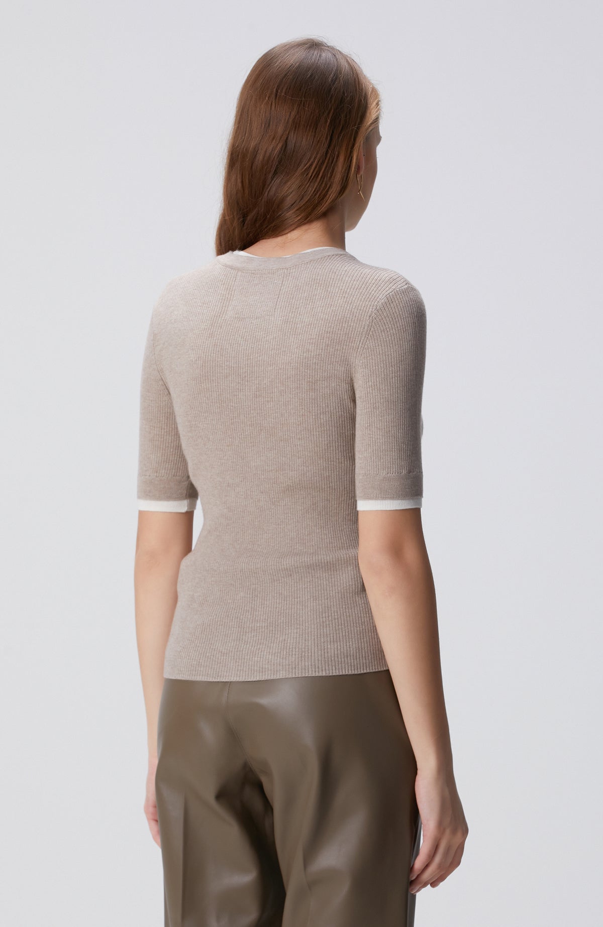 WOMEN'S Mink Melange Two-Tone Short Sleeve Knit Sweater