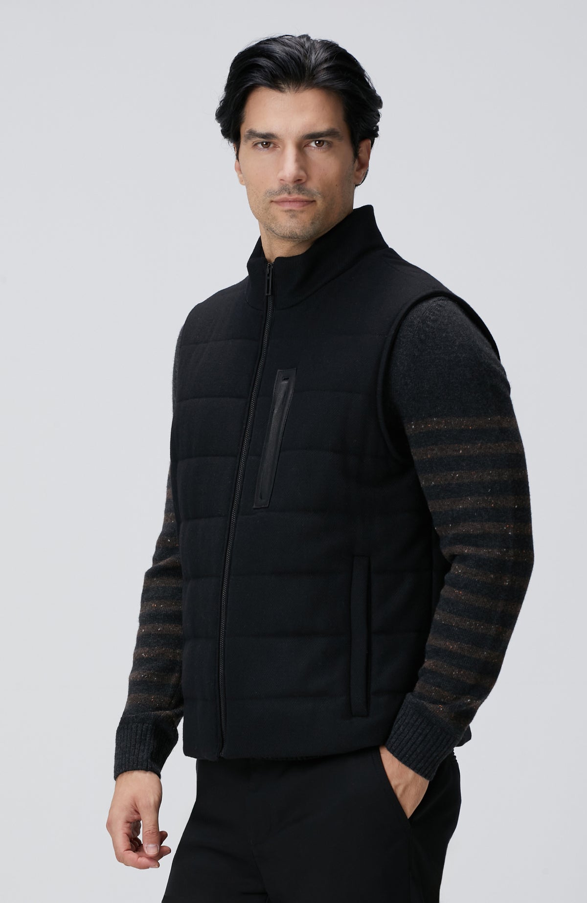 MEN'S Black Wool Blend Flannel Stand Neck Casual Vest