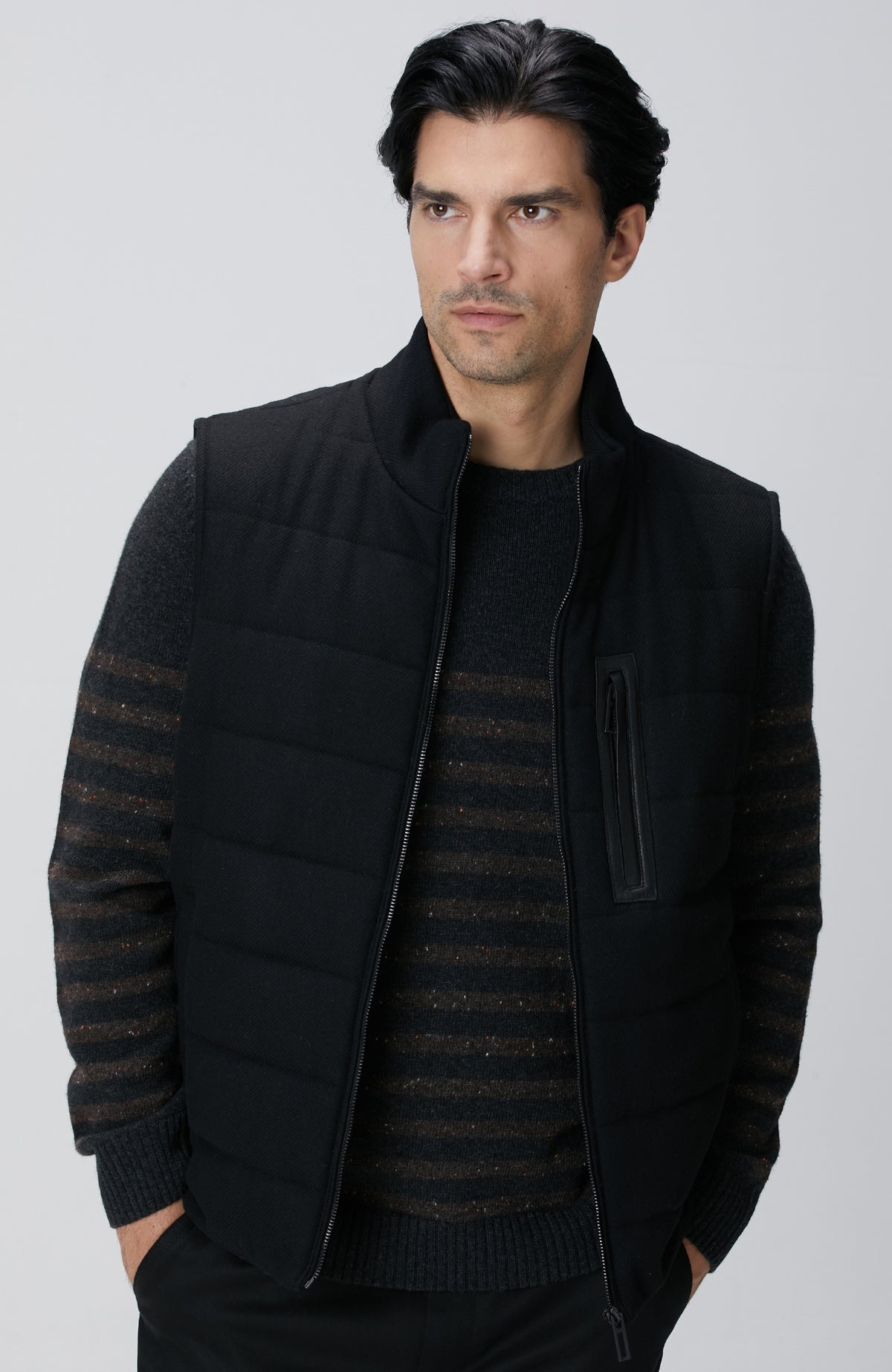 MEN'S Black Wool Blend Flannel Stand Neck Casual Vest