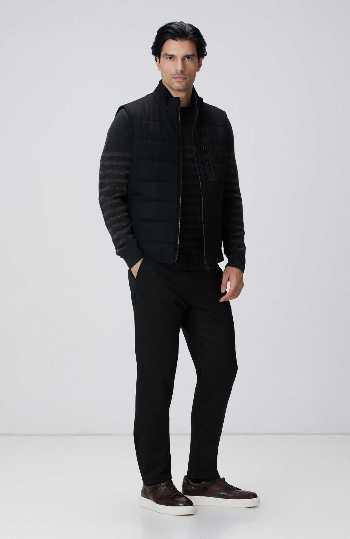 MEN'S Black Wool Blend Flannel Stand Neck Casual Vest