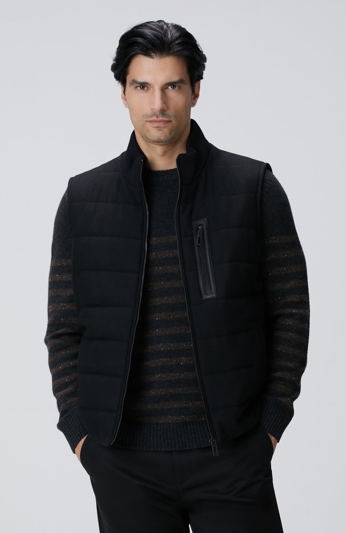 MEN'S Black Wool Blend Flannel Stand Neck Casual Vest