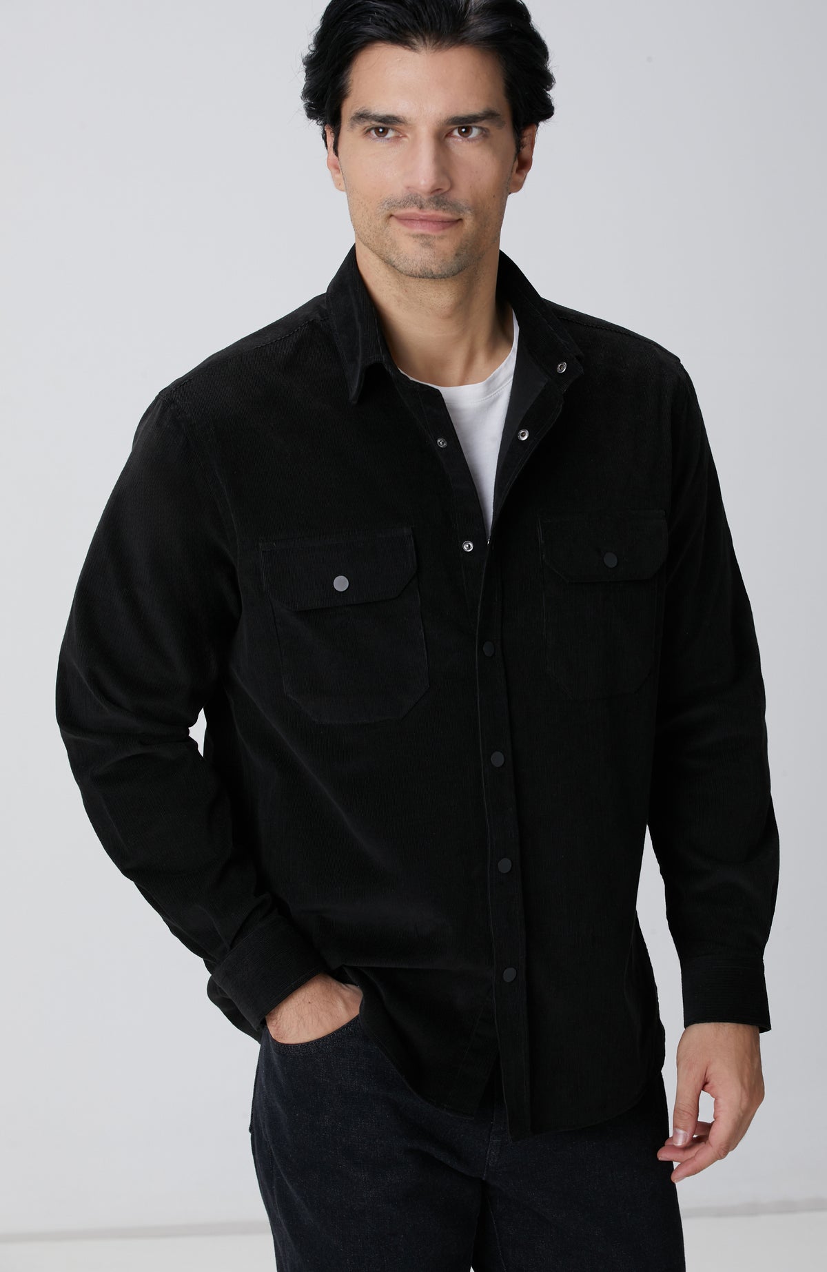 MEN'S Black Double Pocket Corduroy Shirt