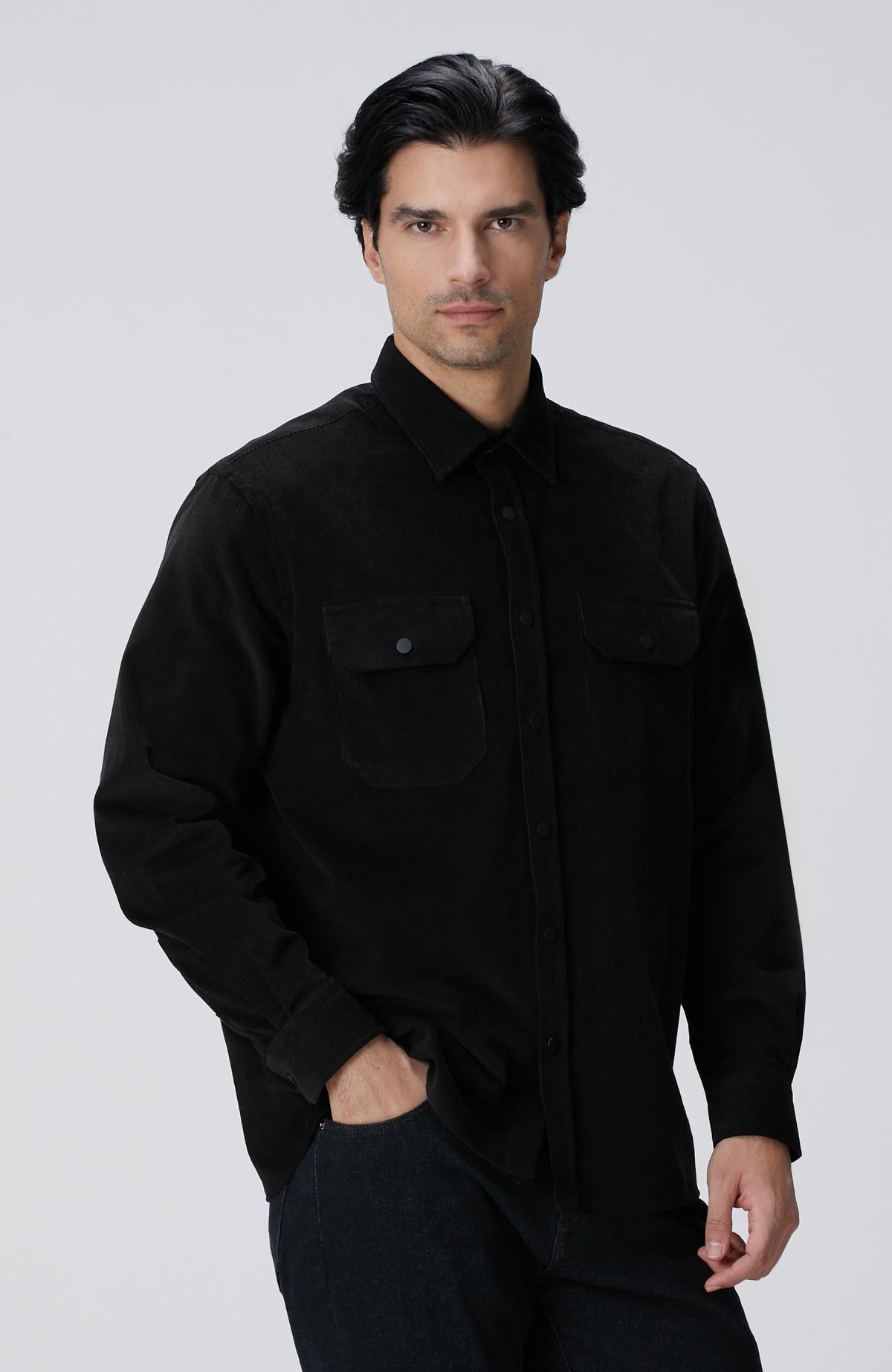 MEN'S Black Double Pocket Corduroy Shirt
