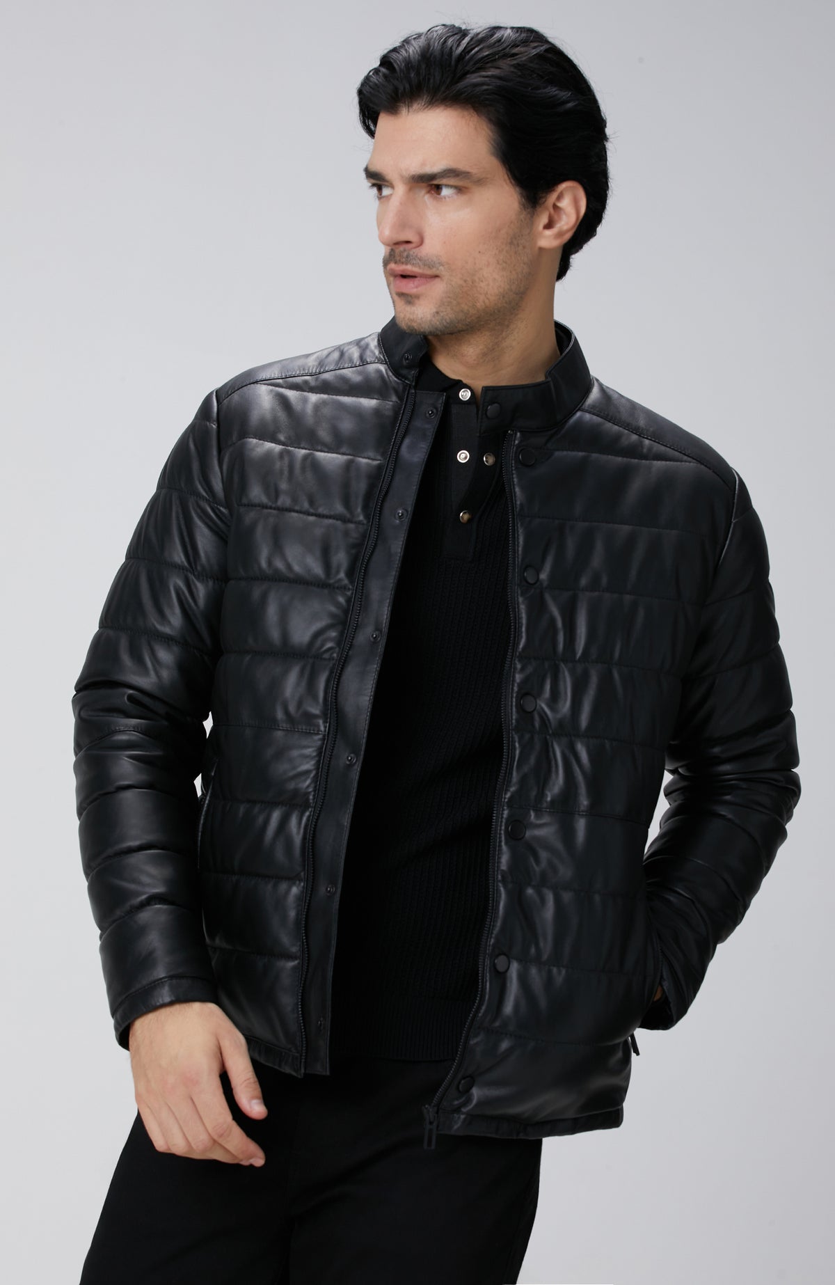 MEN'S Black Quilted Leather Coat