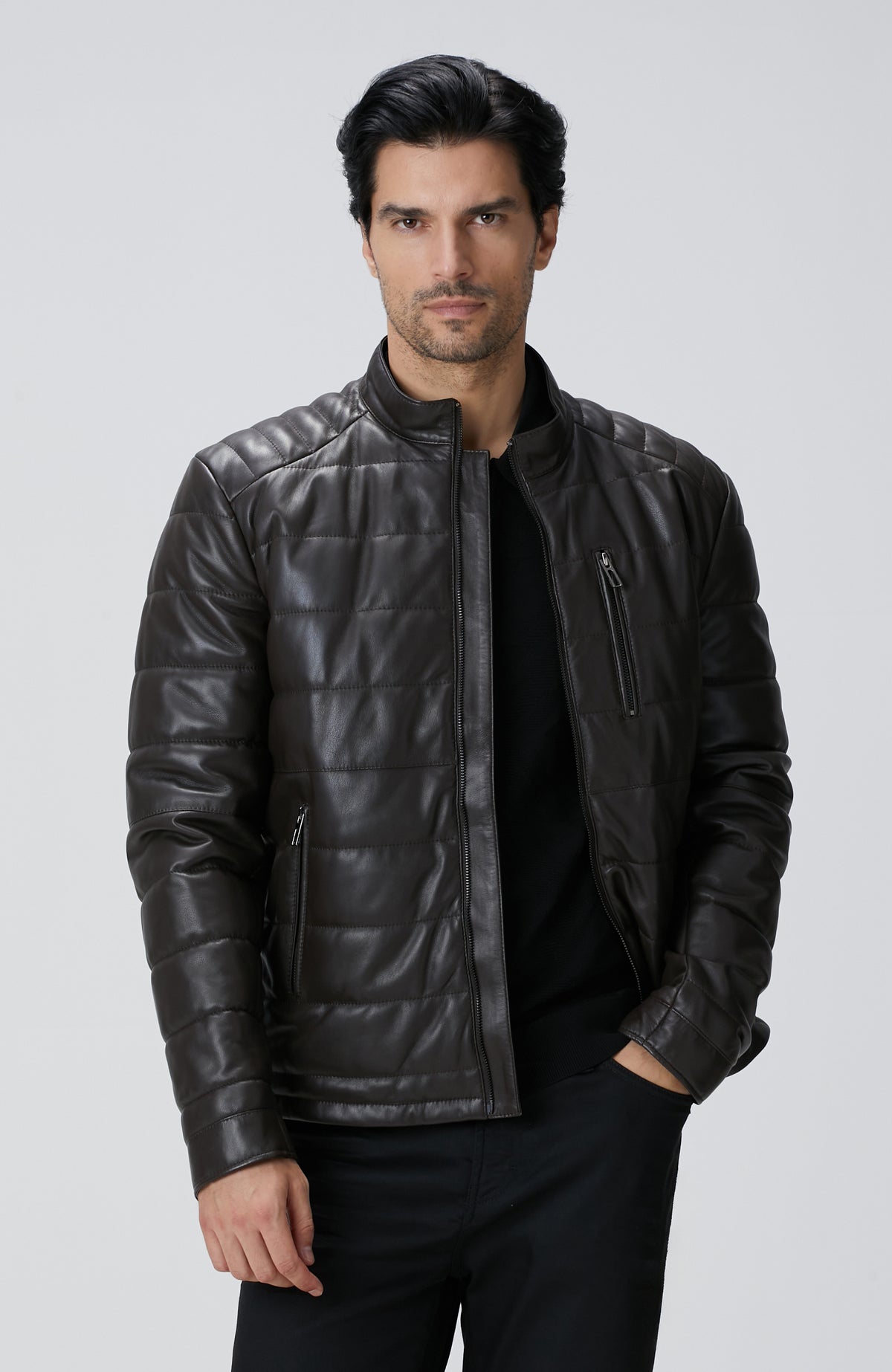 MEN'S Brown Stand Up Collar Leather Coat