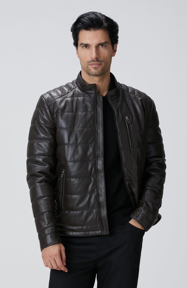 MEN'S Brown Stand Up Collar Leather Coat