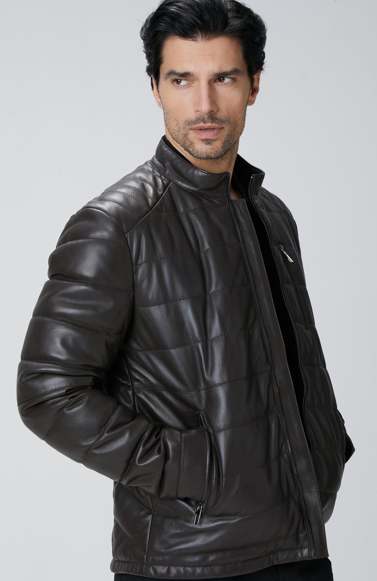 MEN'S Brown Stand Up Collar Leather Coat