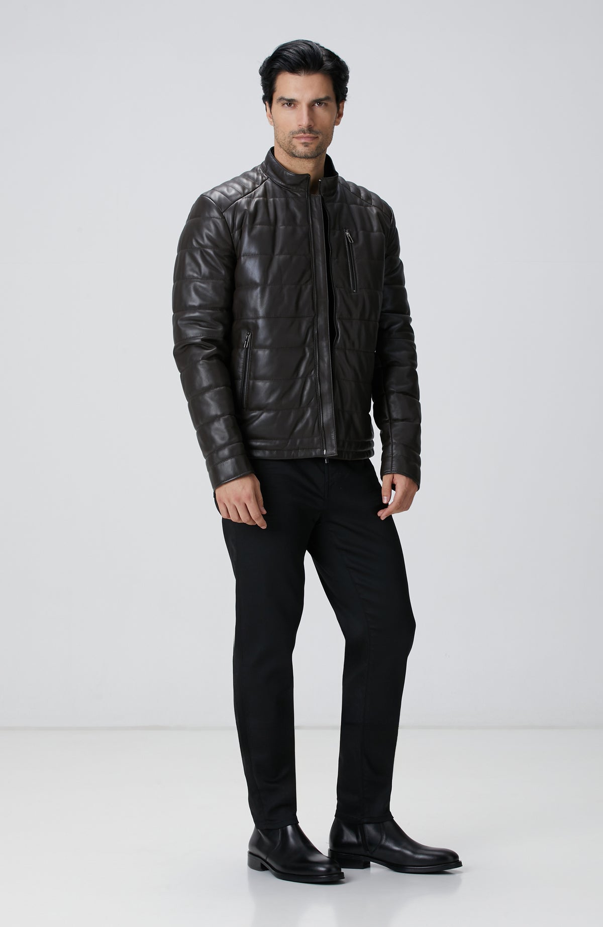 MEN'S Brown Stand Up Collar Leather Coat