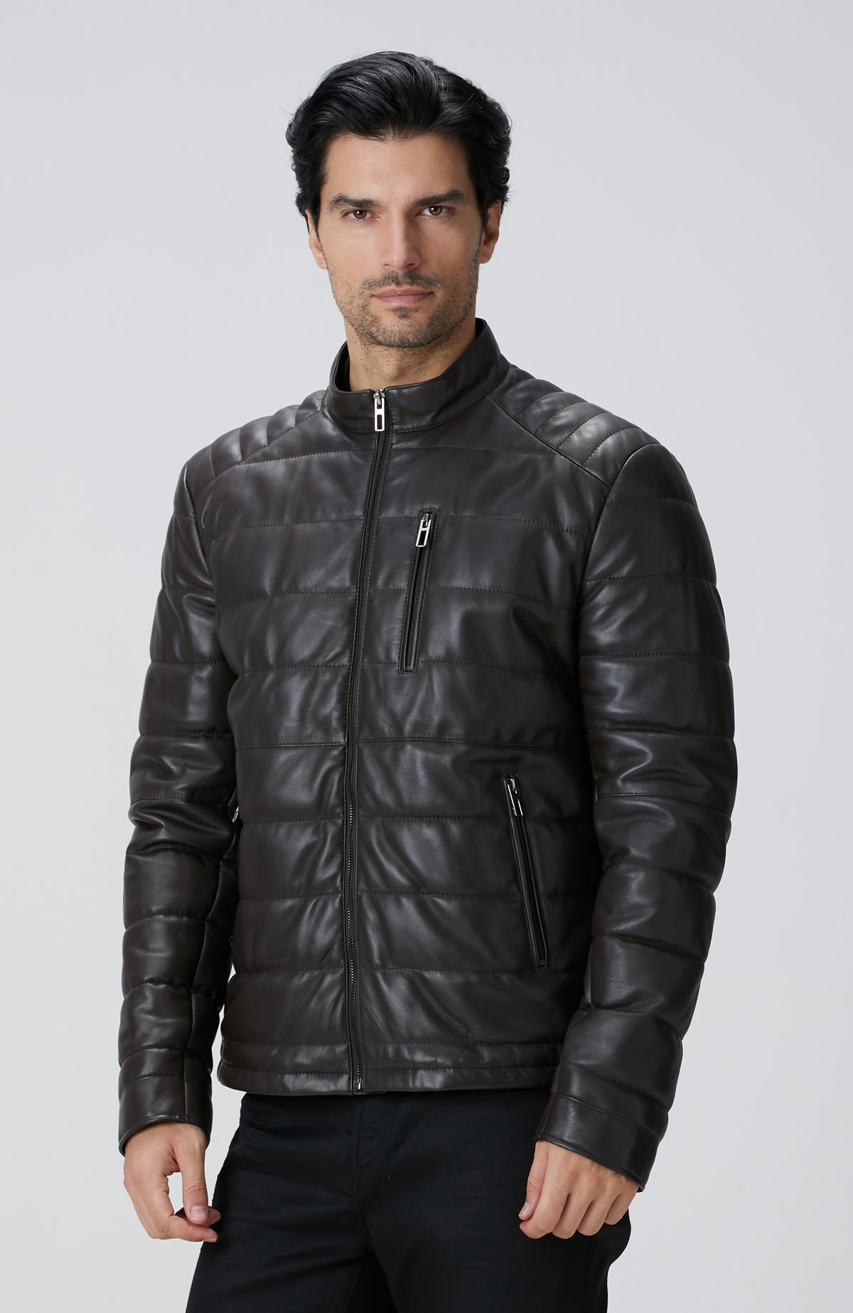 MEN'S Brown Stand Up Collar Leather Coat