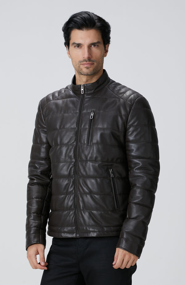 MEN'S Brown Stand Up Collar Leather Coat