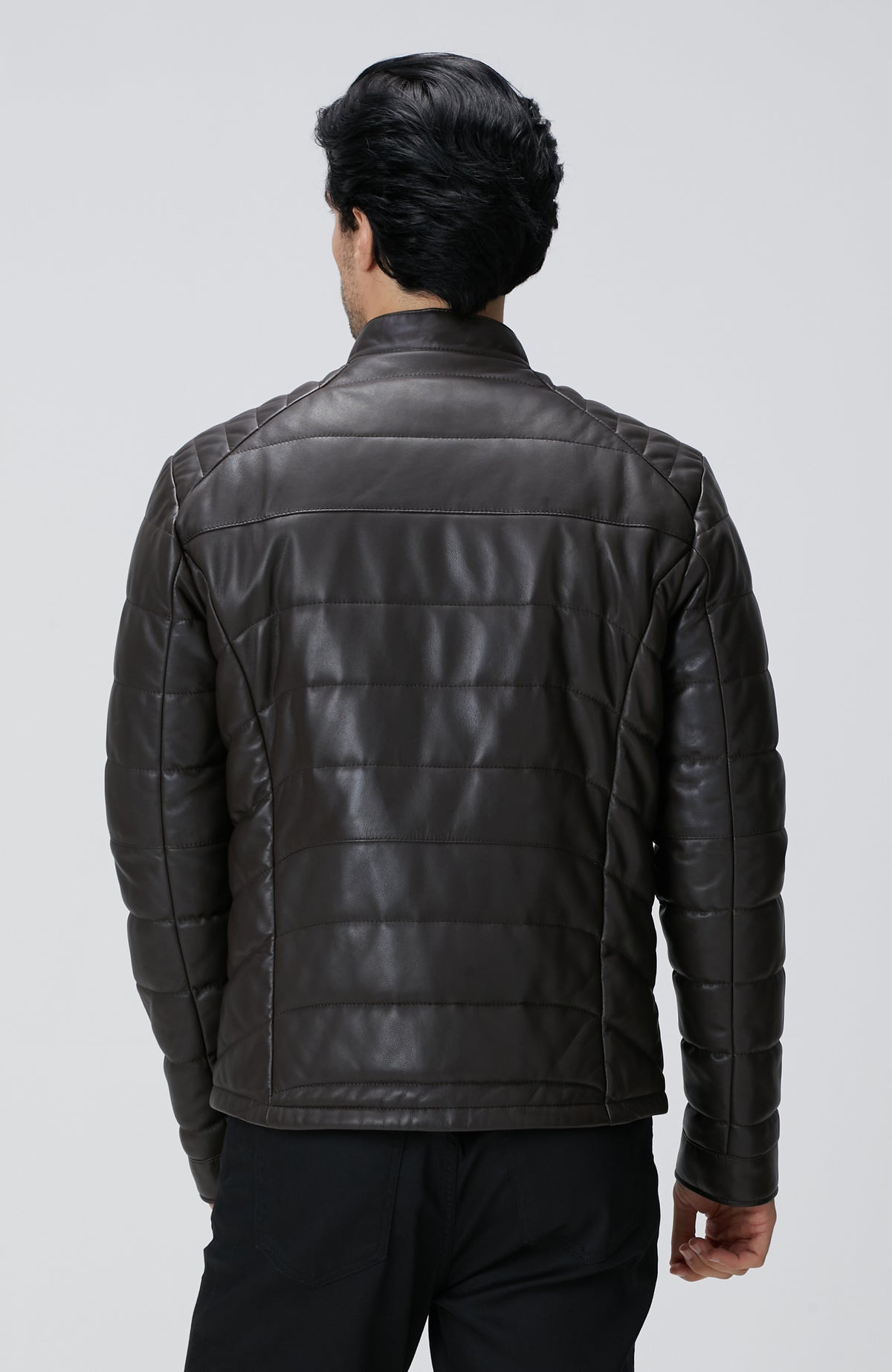MEN'S Brown Stand Up Collar Leather Coat