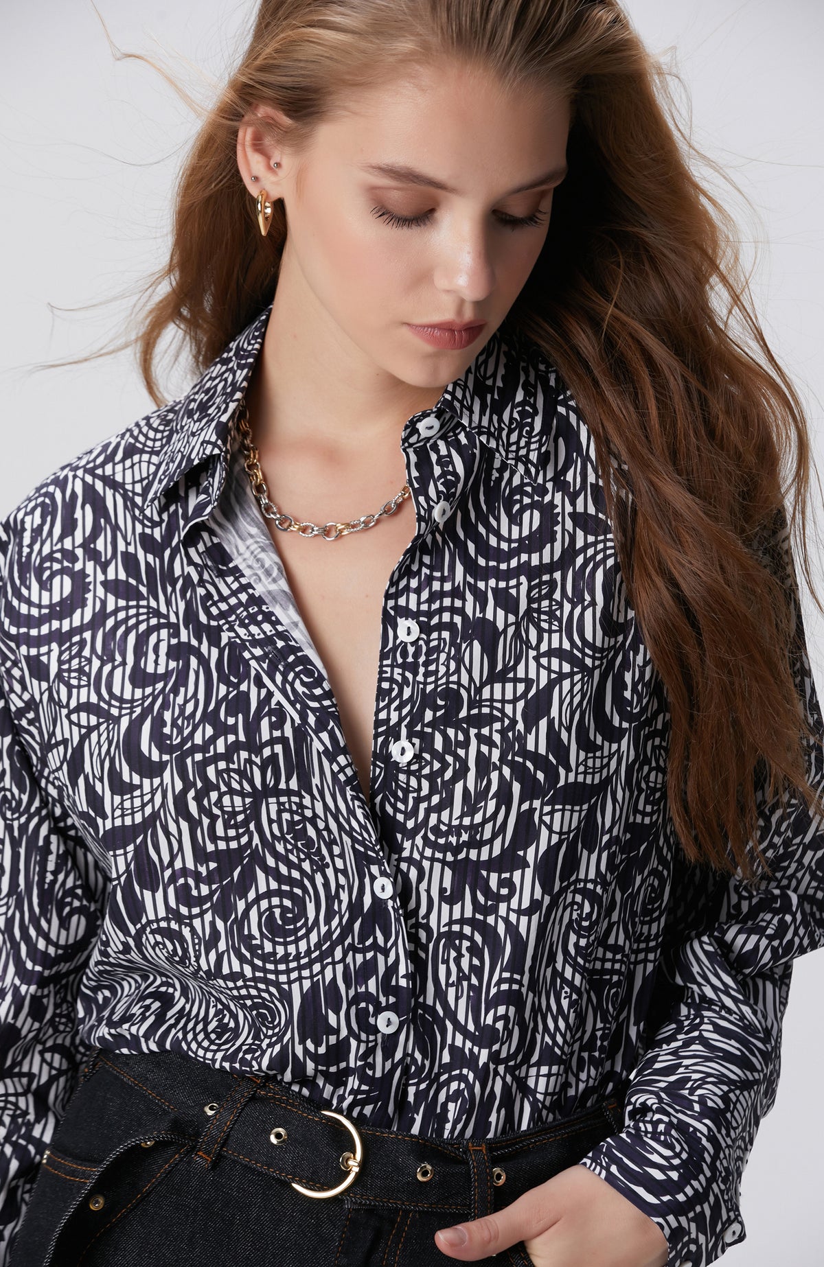 WOMEN'S Navy Blue Patterned Shirt