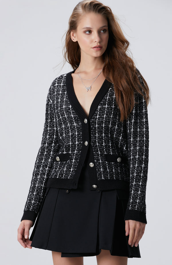WOMEN'S Black & White Wool Blend Cardigan