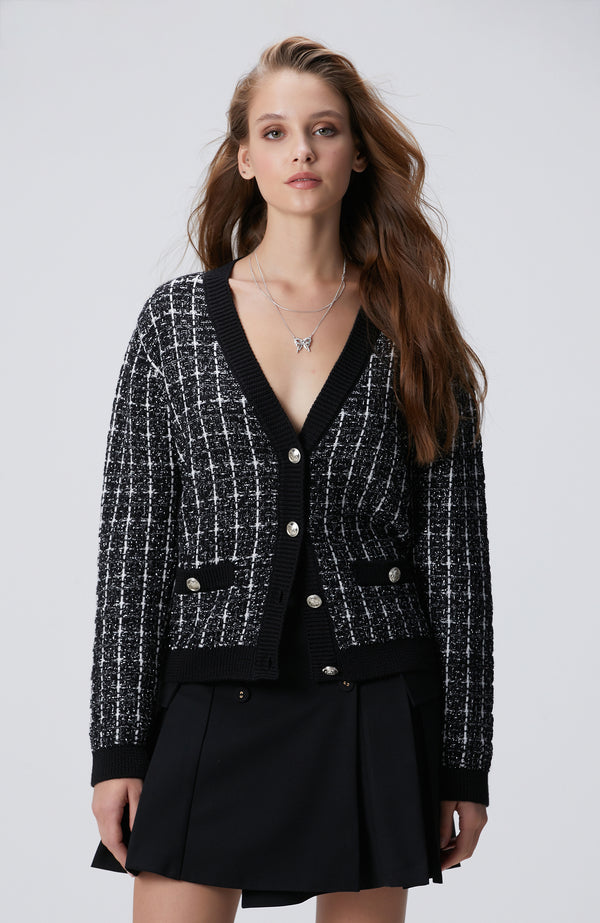 WOMEN'S Black & White Wool Blend Cardigan