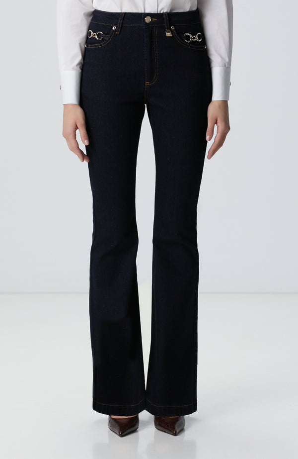 WOMEN'S Indigo Accessory Flare Pattern Denim Pants