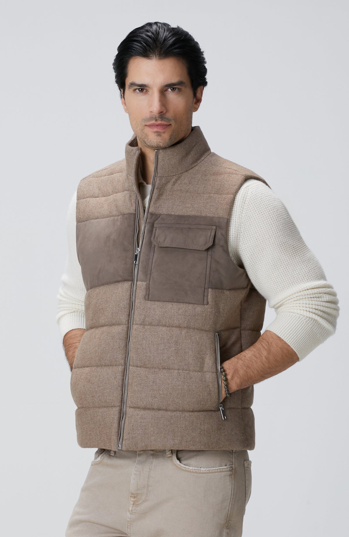 MEN'S Beige Wool Blend Flannel Casual Vest