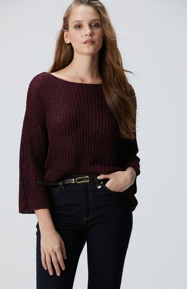 WOMEN'S Burgundy Three Quarter Sleeve Knitwear Sweater