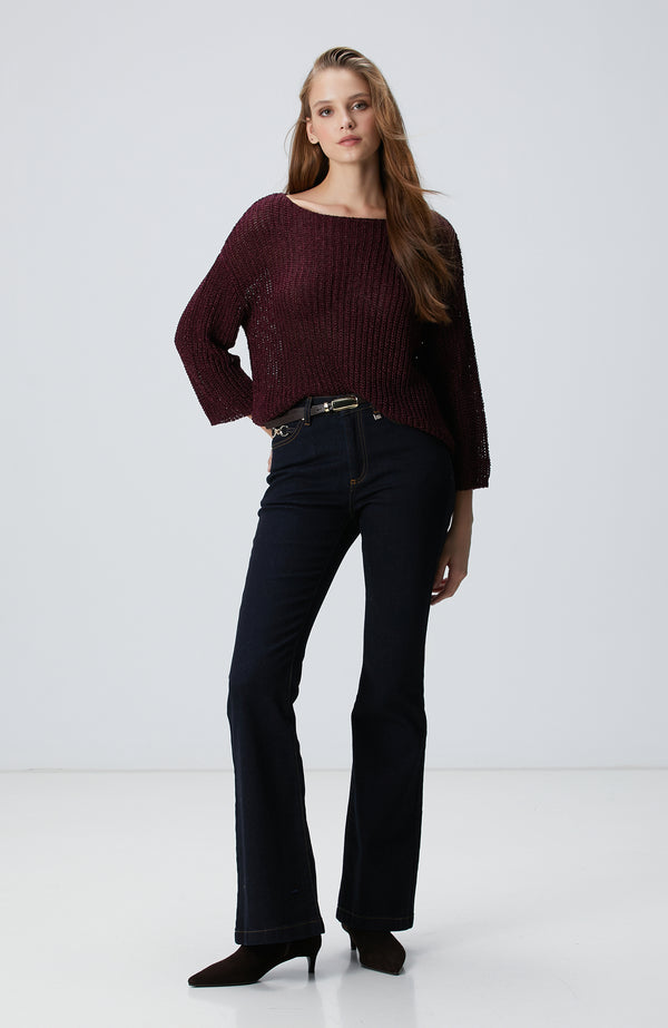 WOMEN'S Burgundy Three Quarter Sleeve Knitwear Sweater