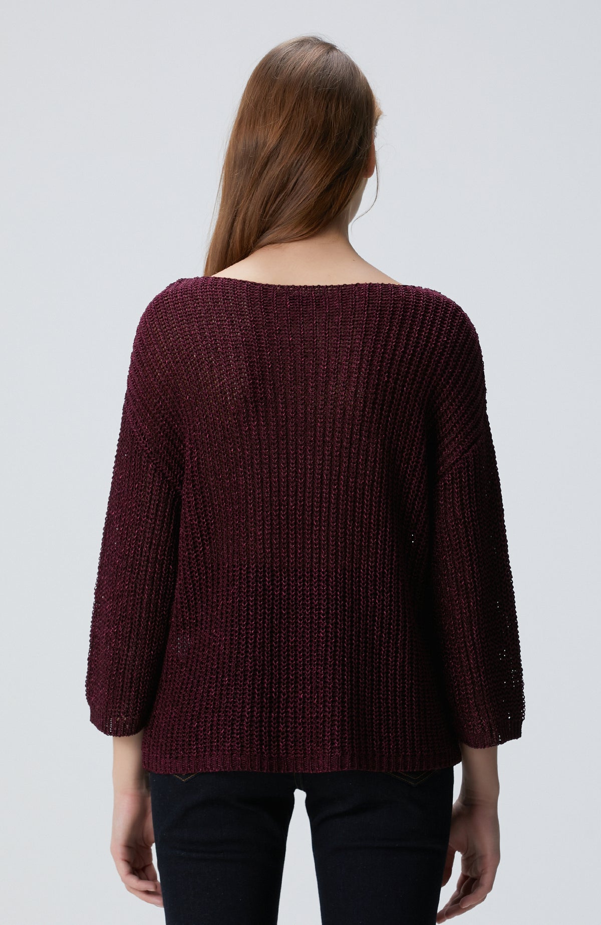 WOMEN'S Burgundy Three Quarter Sleeve Knitwear Sweater